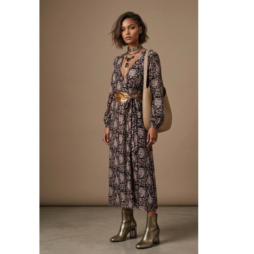 India Collection Emerson Fry Wrap midi Dress Sz Small Boho Chic Western